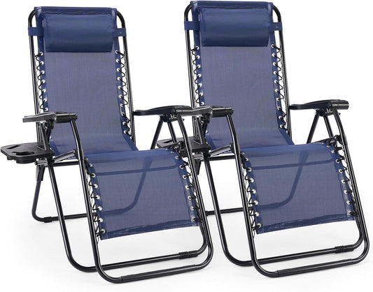 Sweetcrispy Zero Gravity Chairs, Set of 2 Portable Recliner Beach Camping Patio Outdoor Folding Lounge Chair with Cup Holder Trays and Adjustable Pillow for Poolside, Garden, Backyard, Lawn (Blue)