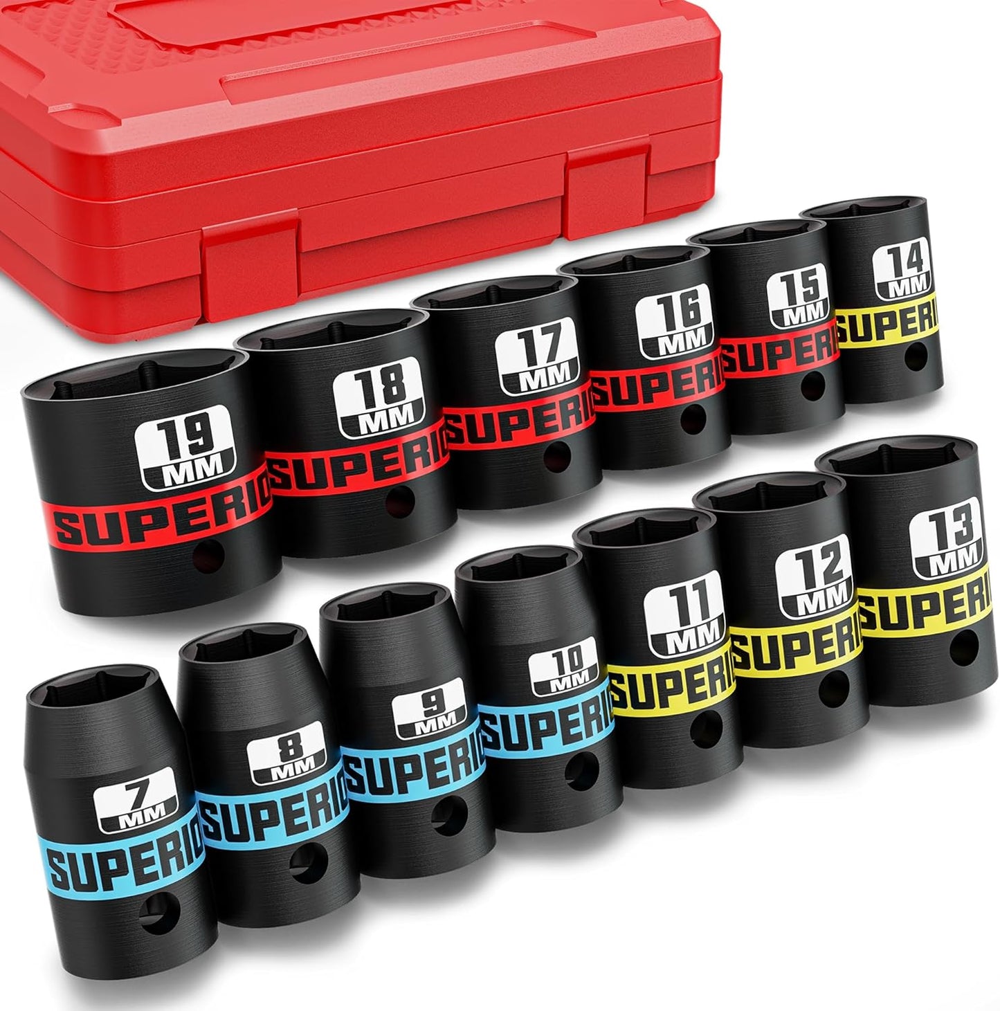 9 Piece 1" Drive Deep Impact Socket Set, 1 Inch - 2 Inch, SAE, 6-Point Design, Heavy Duty CR-MO, Truck Tire Service, Mechanical Equipment Maintance