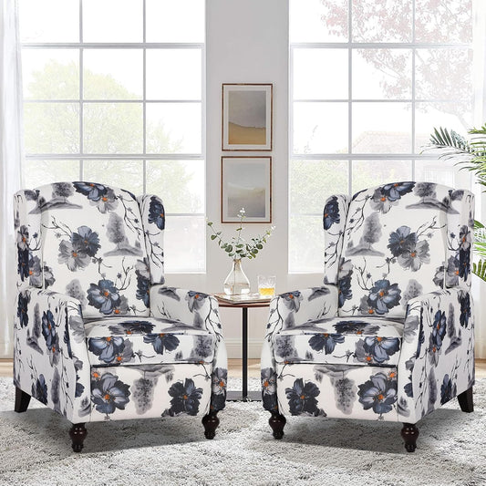 Wingback Recliner Chair - Tufted Arm Chair Recliner - Fabric Push Back Single Sofa for Living Room Adjustable Backrest (Pair, Blue Floral)