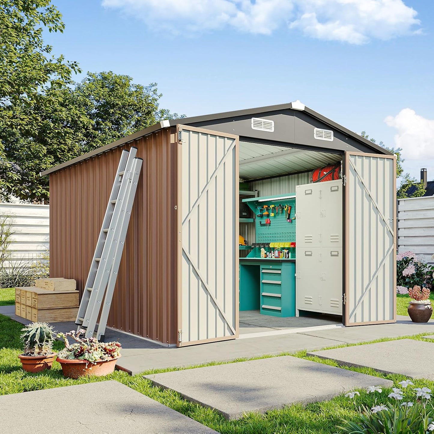 8'x4' Shed Galvanized Steel Storage Sheds with Triple Doors Utility Sheds for Vertical Storage, Dual Lock Lean to Shed with Sloped Roof for Mower, Bike, Garden Tools (Black)