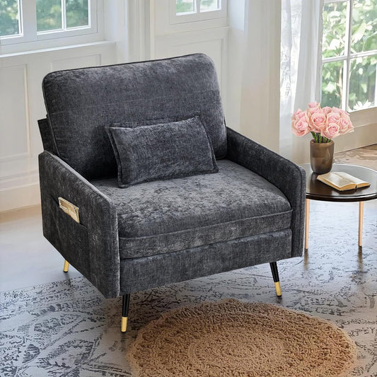 38.6" Wide Oversized Accent Chair with Lumbar Pillow, Modern Chenille Armchair Living Room Chair with 8" Metal Legs, Single Sofa Chair for Bedroom, Living Room, Dark Gray