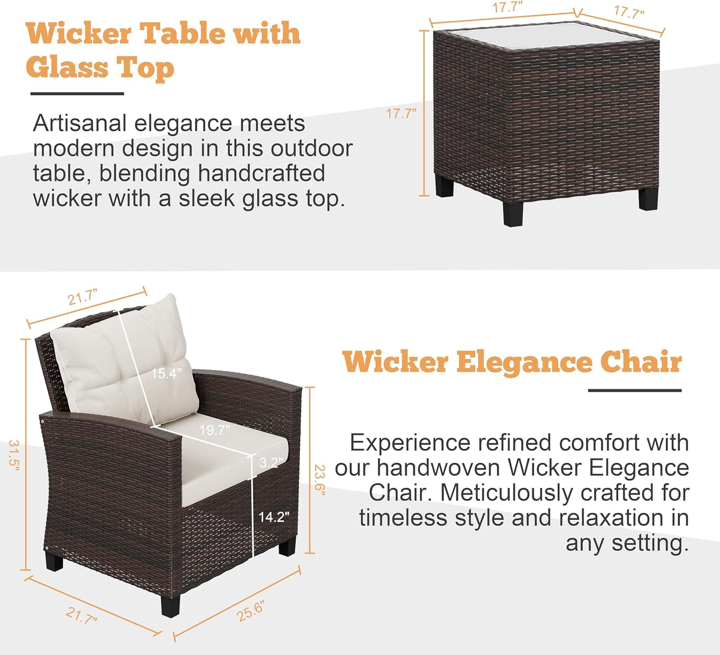 Shintenchi 3 Pieces Patio Furniture Set 3 Pieces PE Rattan Wicker Chairs with Table Outdoor Furniture for Backyard/Garden/Poolside/Outdoor Restaurant Brown Rattan with White Cushion