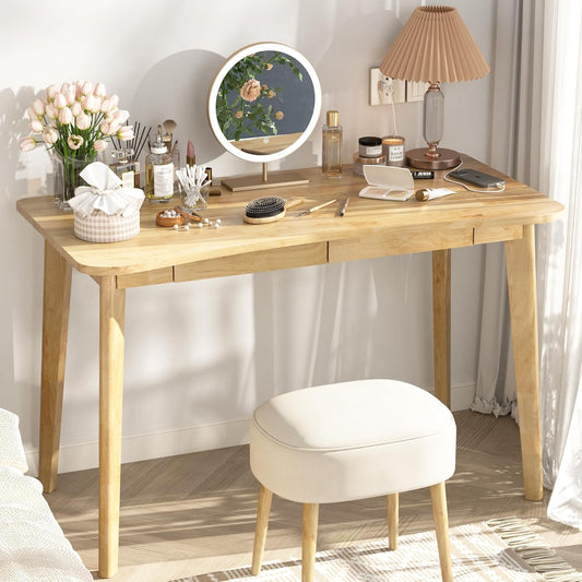 100% Solid Wood Desk with Drawers - 48 x 24 Inch Home Office Computer Desks, Modern Writing Desk with Drawers, Simple Study Table Makeup Vanity - Natural Boho Desks
