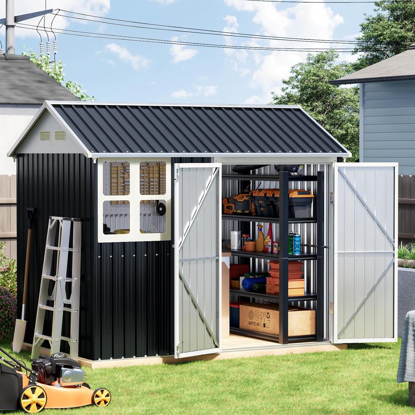 8x6 FT Outdoor Metal Storage Shed with Floor Frame, Double Doors, 1 Clear Window, Tool Shed for Garden, Patio, Backyard Brown