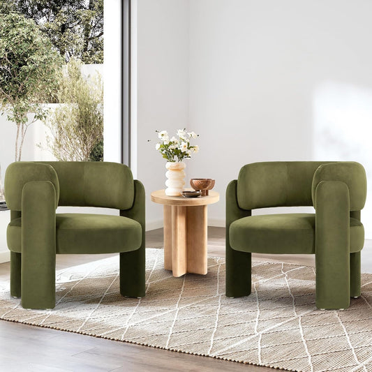 COLAMY Modern Velvet Accent Chair Set of 2, Upholstered Barrel Chairs, Comfy Side Arm Chairs with 3 Legs for Living Room, Bedroom, Reading, Green
