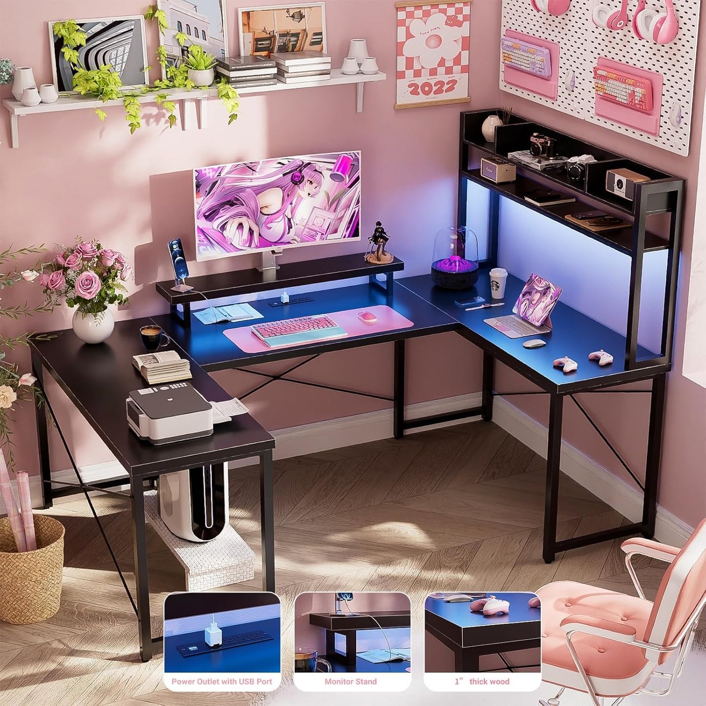 Unikito Large U Shaped Computer Desk with Hutch, Customizable Reversible L Shaped Office Desks with Power Outlets & LED Lights, Corner Gaming Table with Monitor Stand, 122” 2 Person Long Desk, Black