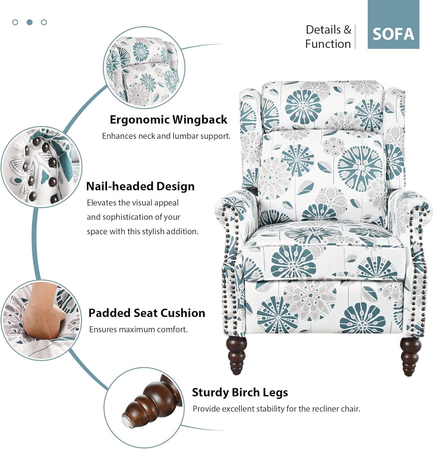 Christopher Knight Home 29.75" Push Back Recliner Chair,Upholstered Recliner Armchair with Classic Wing Back and Solid Gourd-Shaped Wooden Legs, White&Blue