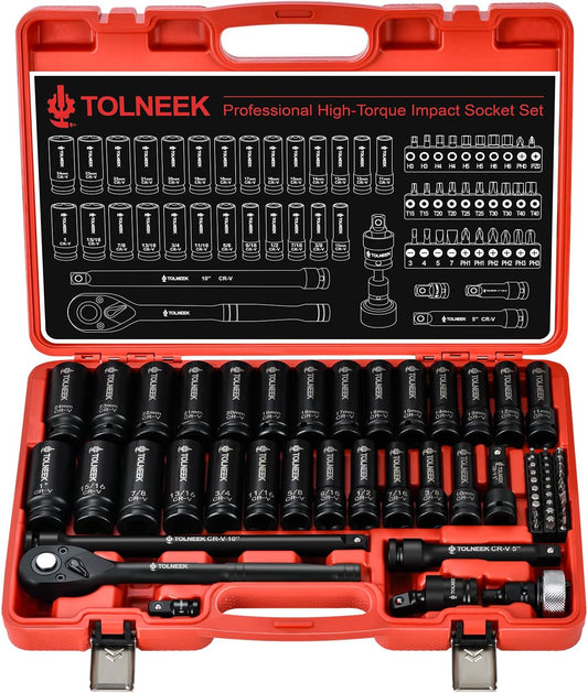 63-Piece 1/2" Drive Impact Socket Set, SAE (3/8 to 1 inch) and Metric (10-24mm) Socket Wrench Set with Extension Bars, Palm Ratchet Kit, CR-V Steel for Auto/Industrial Repairs