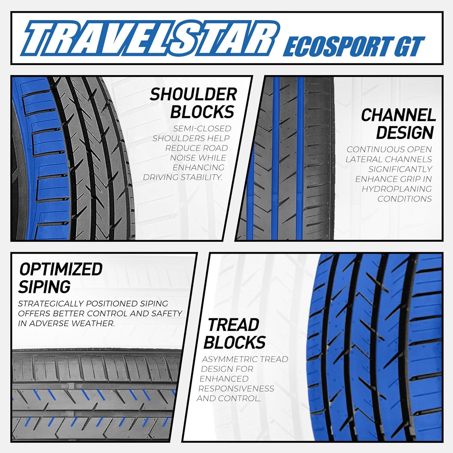 Set of 4 (Four) Travelstar Ecosport GT Ultra High-Performance All Season Passenger Tire Set 275/50R22 275/50/22 275/50R22 111V Dual Tread Design for Sports Cars & Luxury Sedans[TIRE ONLY]