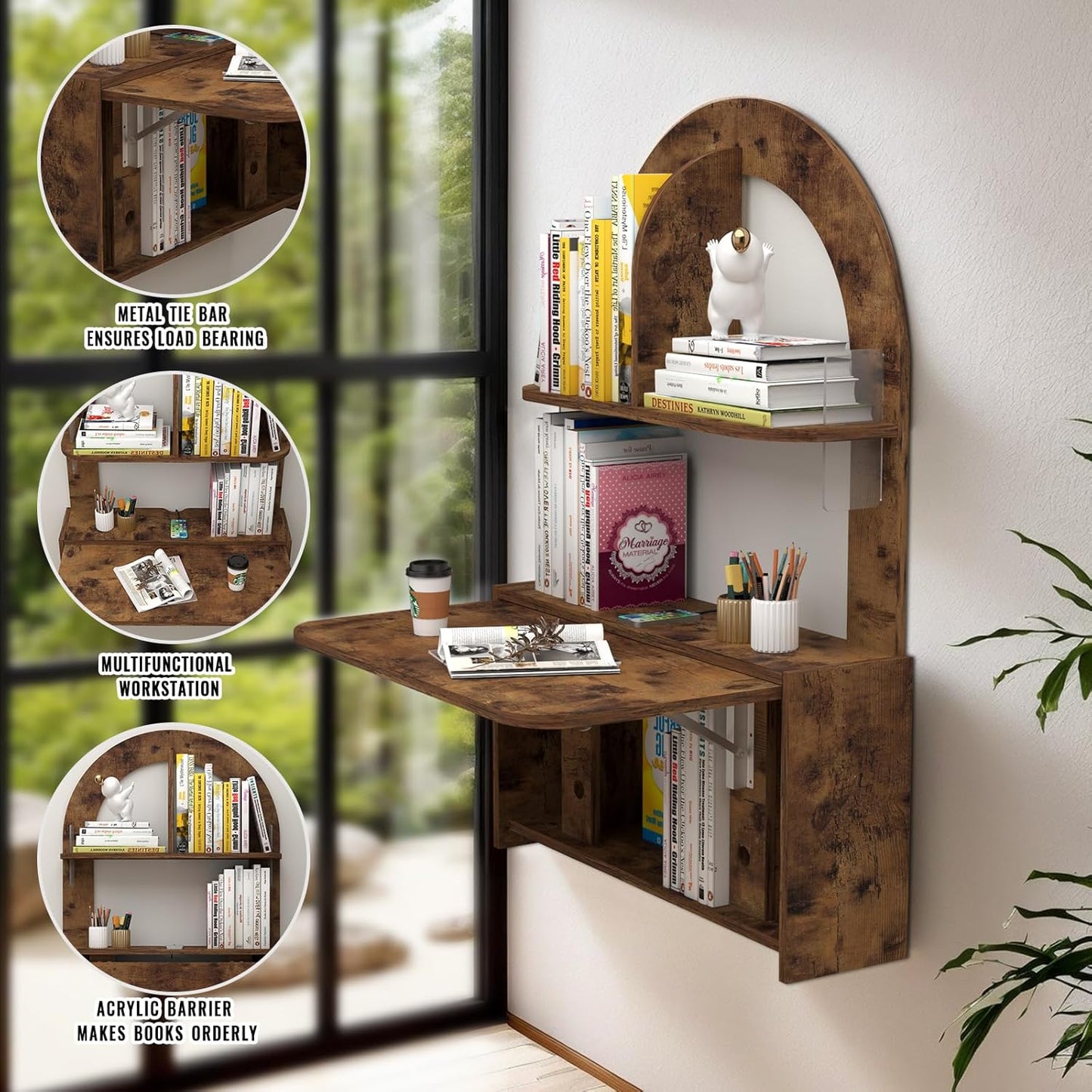 Wall Mounted Drop-Leaf Table, Floating Laptop Desk, Folding Table with Shelves, Multifunctional Computer Workstation Storage Compartments in Home Office for Space Saving (Rustic Brown)