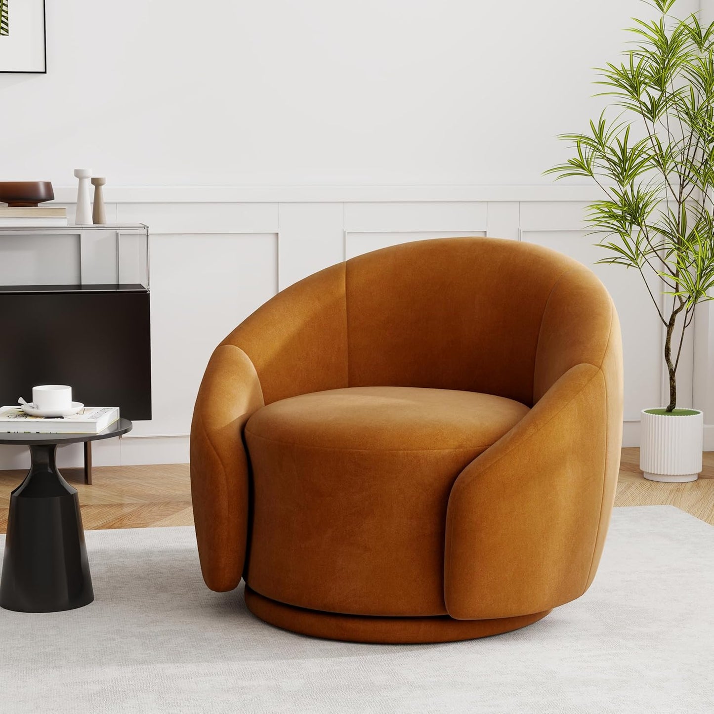 UIXE Swivel Accent Chair, Boucle Barrel Chair Upholstered Arm Chair for Living Room, Modern Round Club Chair with Turntable Base - White, Set of 1