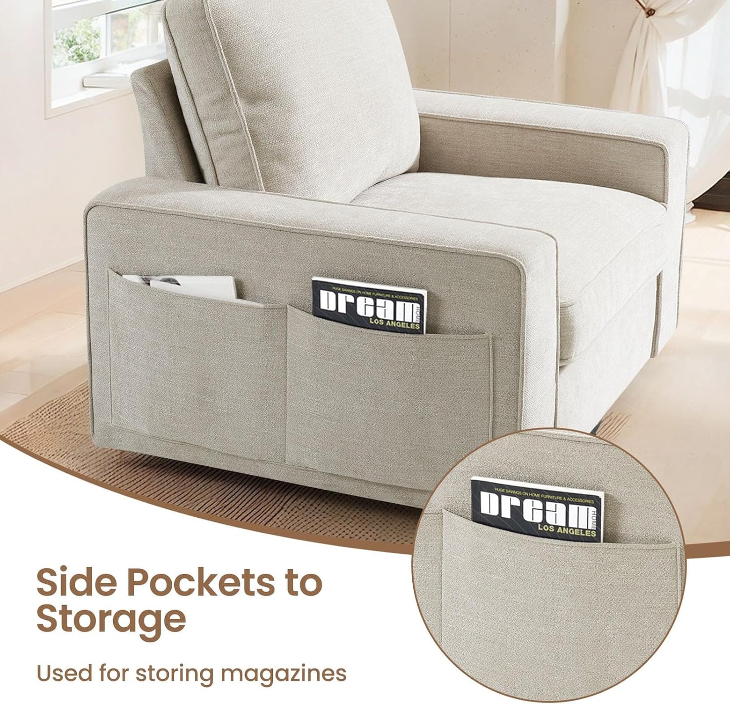 COHOME 360-Degree Swivel Accent Chair, Modern Oversized Club Arm Chair with Side Pockets, Classic Style Single Sofa Chair for Living Room, Bedroom (Beige)