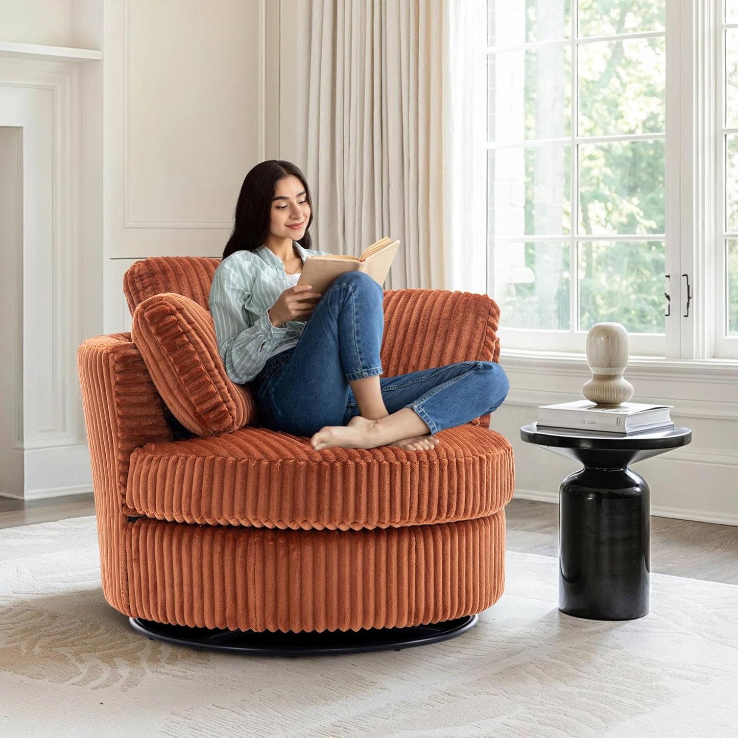 360-Degree Swivel Accent Chair Plush Corduroy & Foam-Filled Chaise Lounge Chair for Indoor Living Room & Bedroom, 40" Oversized Modern Design Round Barrel Chair, Comfortable Seating, Blue