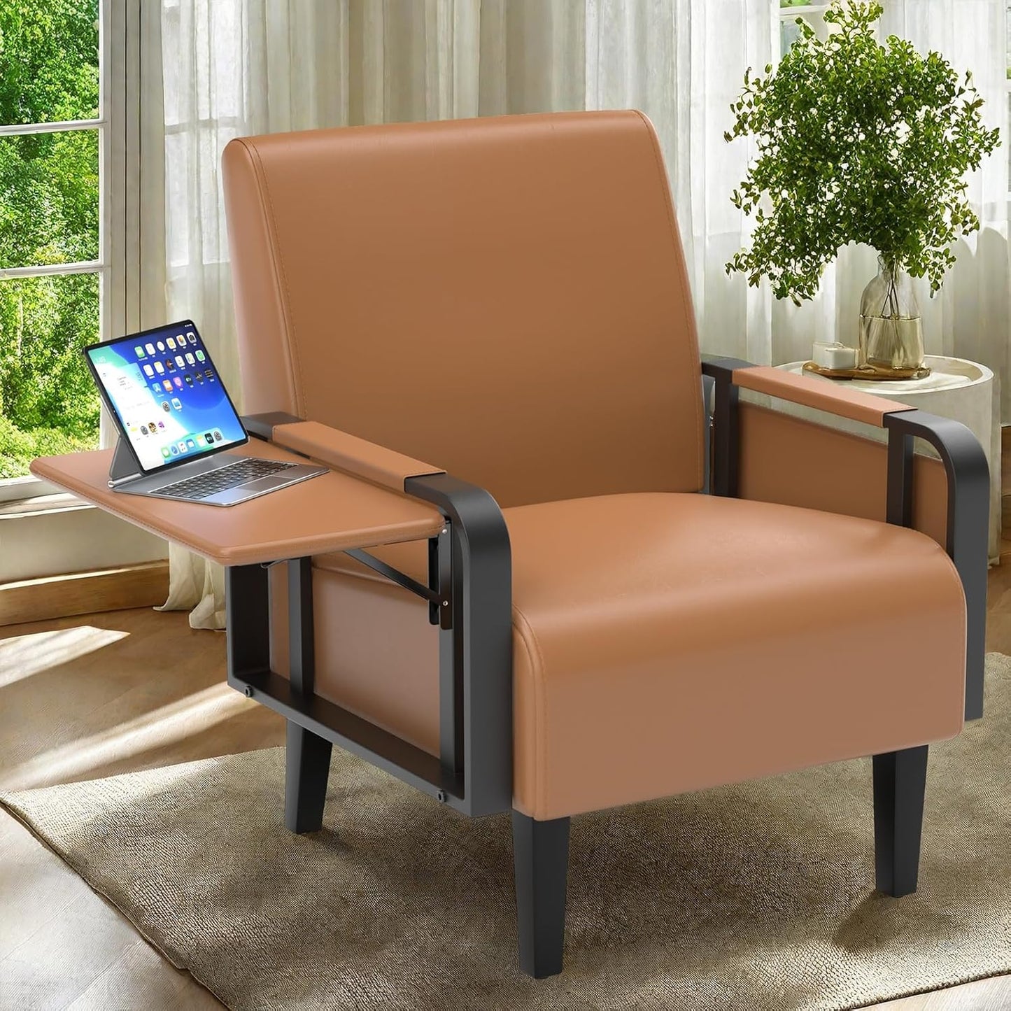 Upholstered Accent Chairs Set of 2, Faux Leather Armchair with Tray Table, Comfy Reading Chair for Living Room, Bedroom, Guest Room, Gray