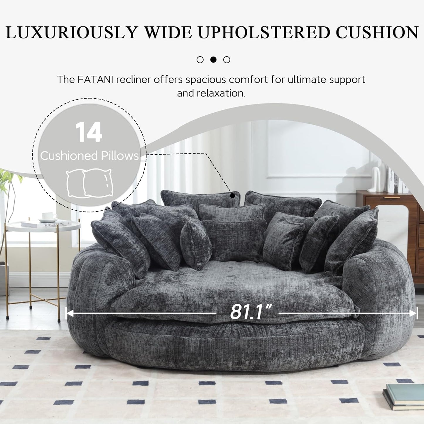 81.1" Oversized Round Chaise Lounge Chair, Extra-Wide 2-Person Accent Chair with 14 Pillows, Comfy Cloud Sleeper Sofa for Living Room (Dark Grey)
