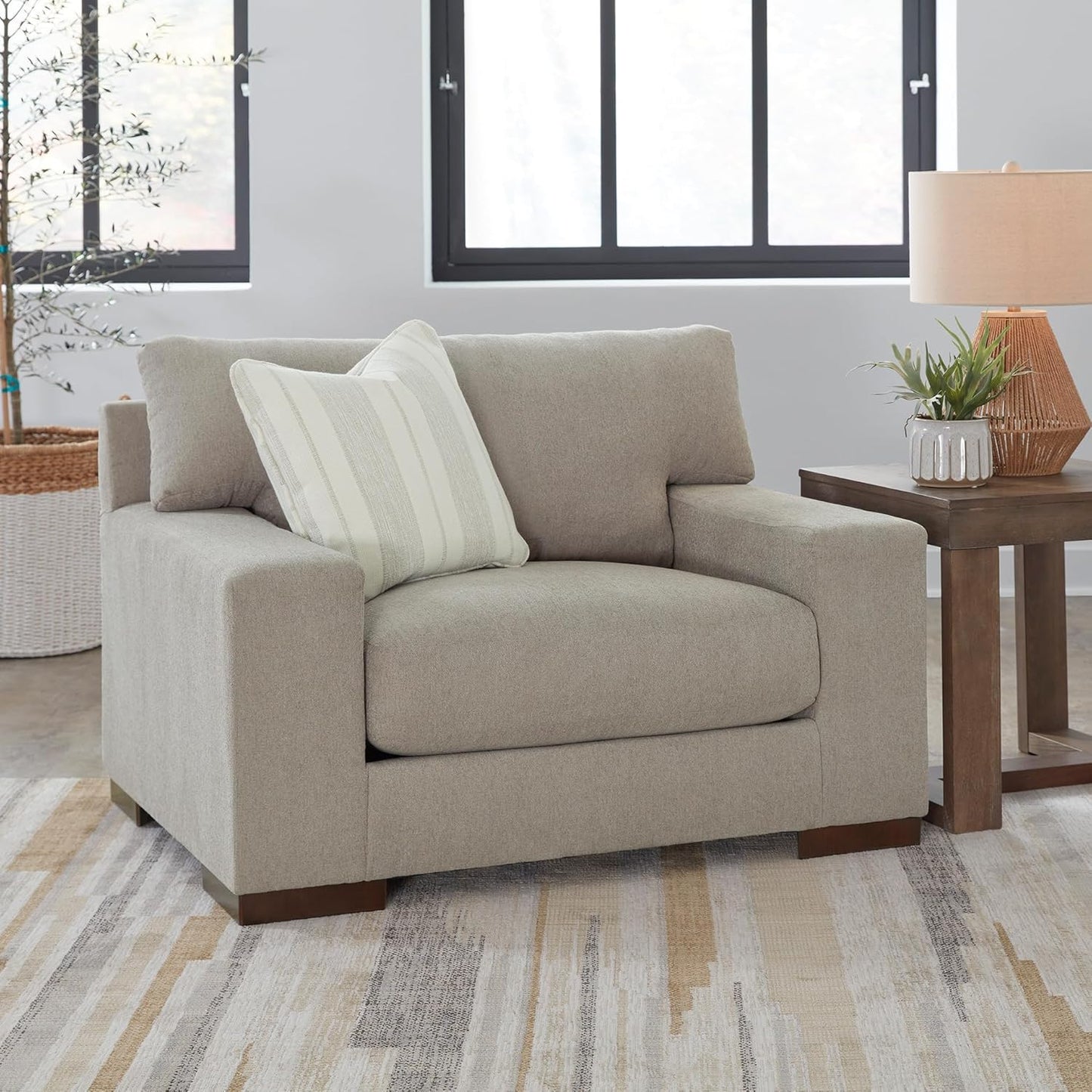 Signature Design by Ashley Maggie Contemporary Upholstered Oversized Chair with 1 Accent Pillow, Light Brown
