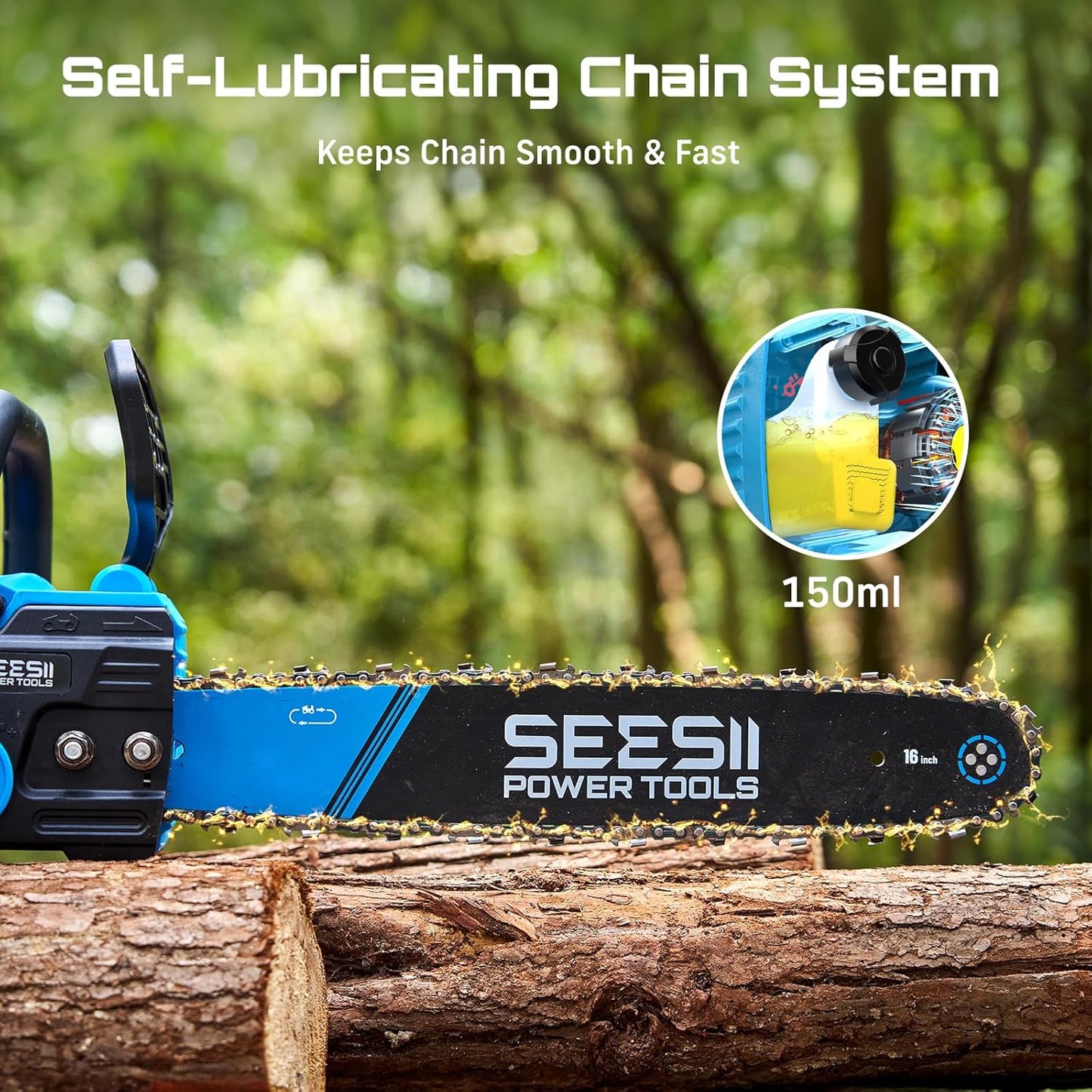SEESII 40V 16-Inch Cordless Chainsaw: Brushless Electric Chain Saws with 2×4.0Ah Batteries & Charger, Tool-Free Chain Tension, Auto Oiling, for Tree Trimming, Wood Cutting, Yard Work