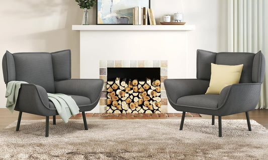 AMERLIFE Accent Chair Set- Wingback Upholstered Living Room Chair, Grey Reading Armchair for Bedroom, Comfy Corduroy Chair Set of 2