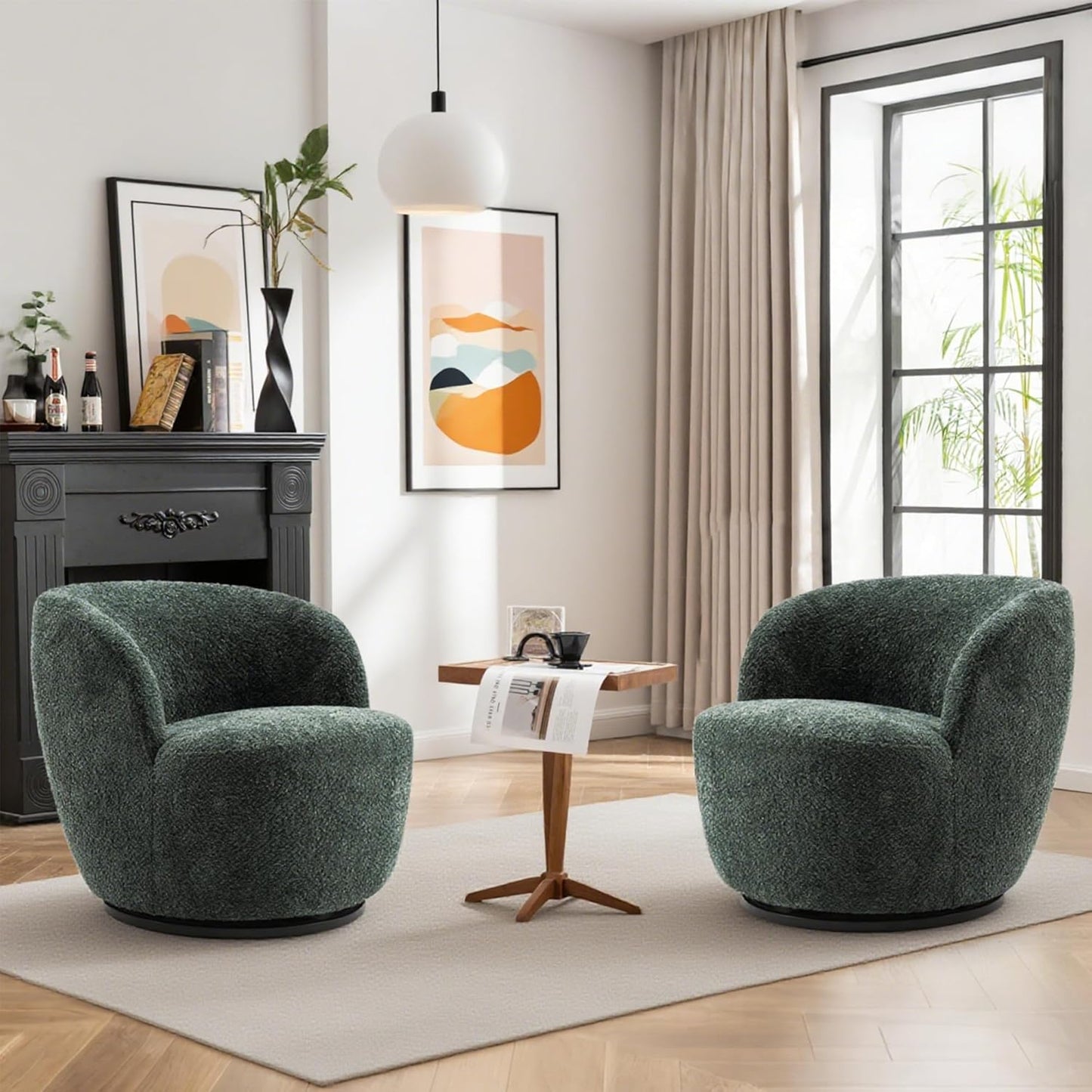 Rowill 30" Wide Swivel Barrel Accent Chair, Modern Upholstered Round Chairs with Curved Back and Soft Cushion, Boucle Fabric Padded Armchair Single Sofa for Living Room, Bedroom, Reading Room, Beige