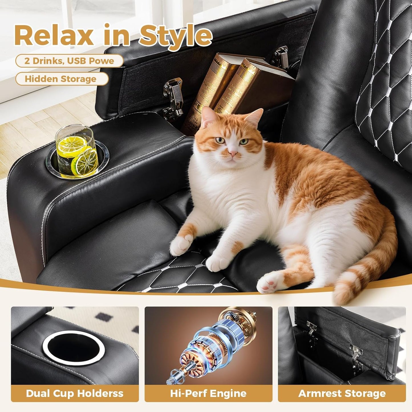 ANJ Power Recliner Chair with USB Ports and Cup Holders - Overstuffed Electric Home Theater Seating PU Leather Reclining Furniture with Hidden Arm Storage, Easy to Clean (Black)