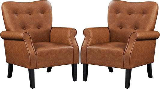 Topeakmart Fabric Accent Chair, Modern PU Leather Armchair with Wooden Legs, High Back and Comfortable Cushioned Seat for Living Room Bedroom Retro Brown 2 Piece