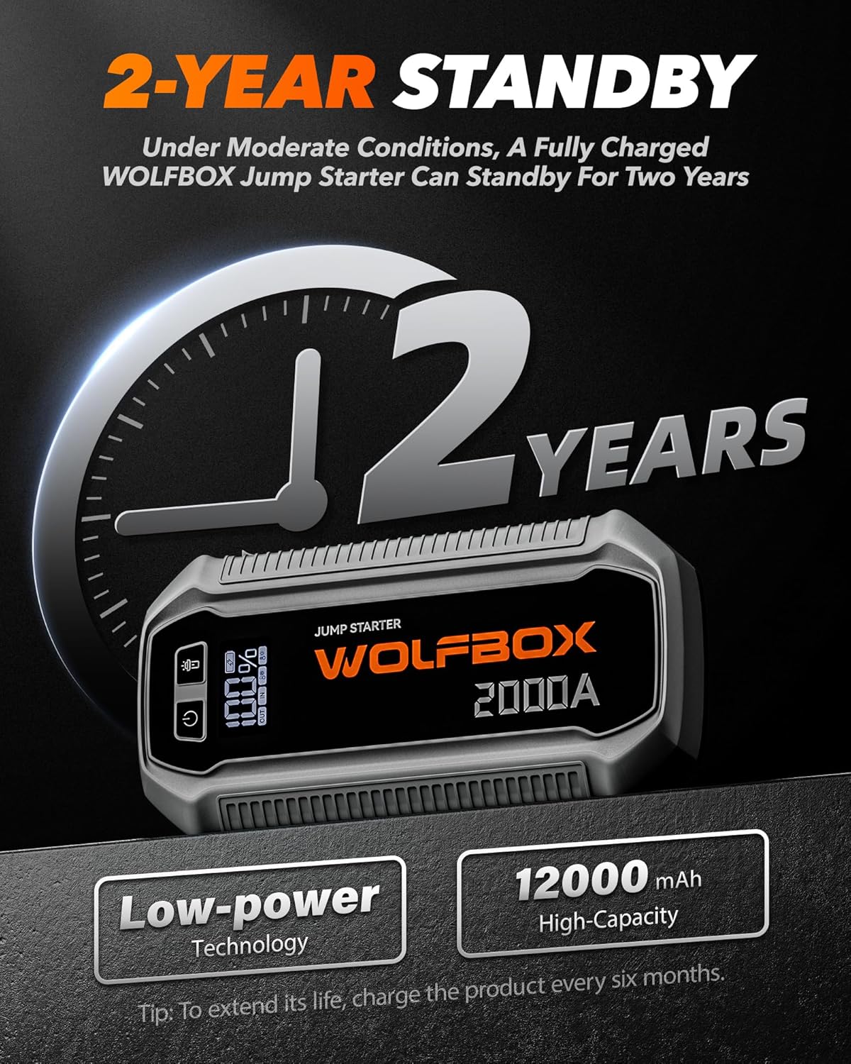 WOLFBOX 2000A Jump Starter, 12000mAh Battery Jumper Starter Portable with LED Display, 12V Car Battery Jump Starter Pack (7L Gas 6L Diesel Engine) with Booster, LED Light, Jumper Cables (NO Adapter)