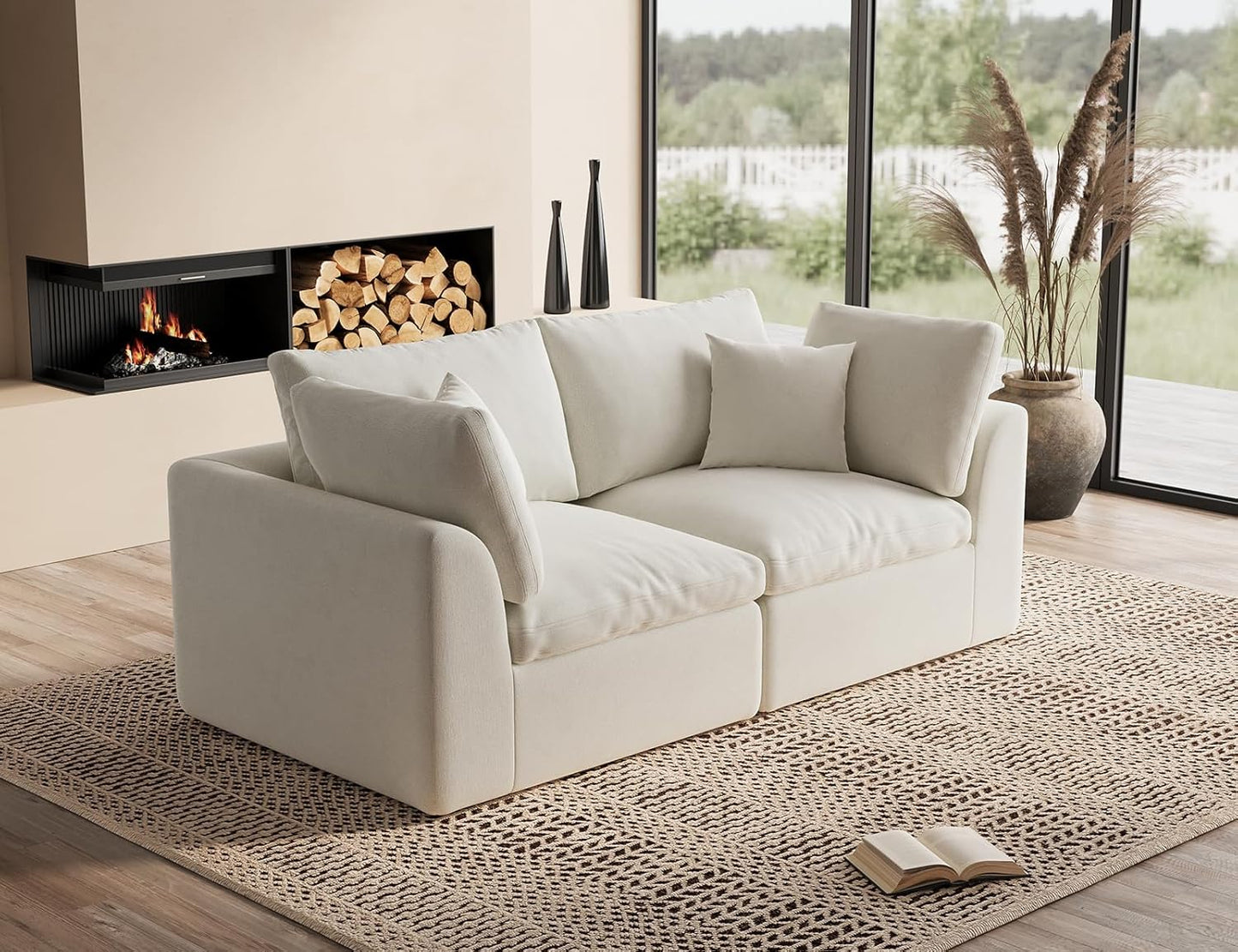 110" Cloud Sectional Couches for Living Room, Convertible L-Shape Couch with Ottoman, 3 Seater Modular Sectional Sofa, Warm White