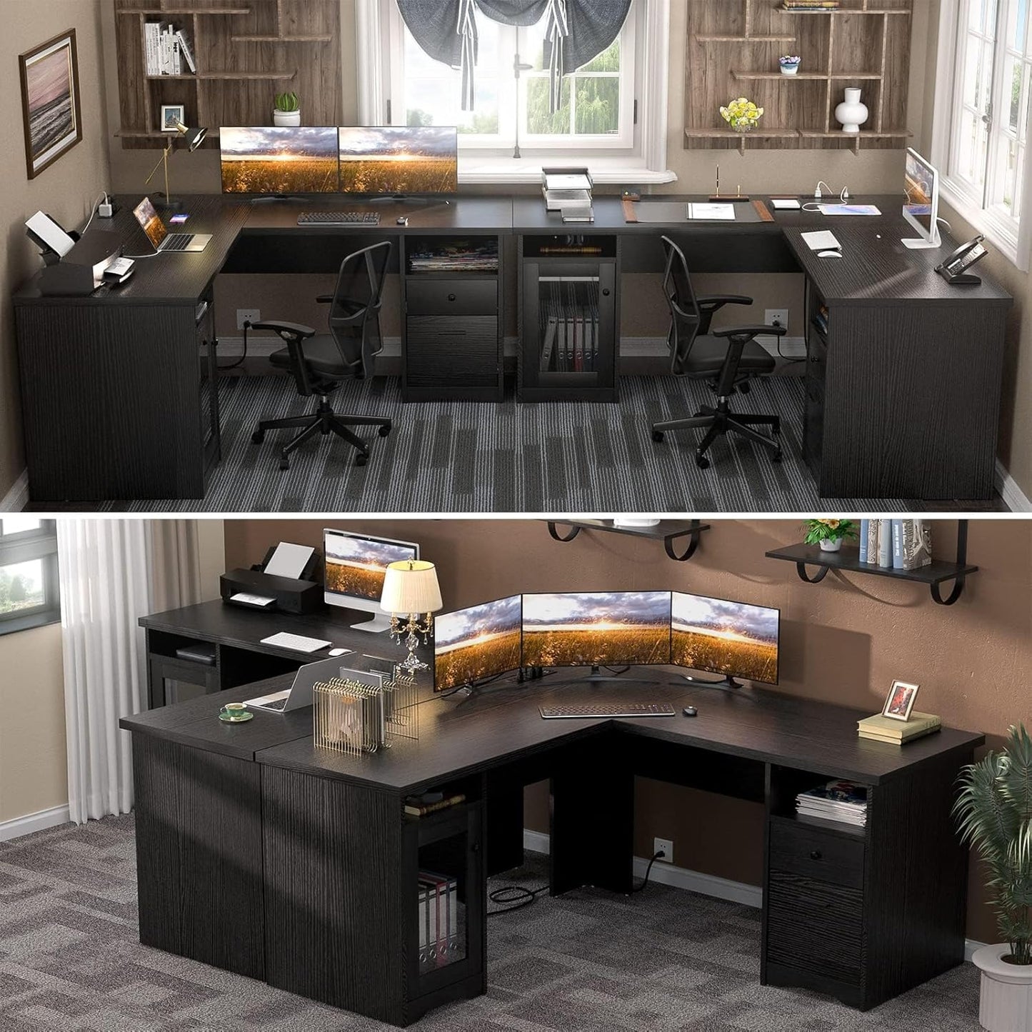 Unikito L Shaped Office Desk with Drawer, 60 Inch Computer Desk with Power Outlet & USB Charging Port, Large Corner Desk with File Cabinets, 2 Person Sturdy Executive Desk with Storage Cabinet, Black