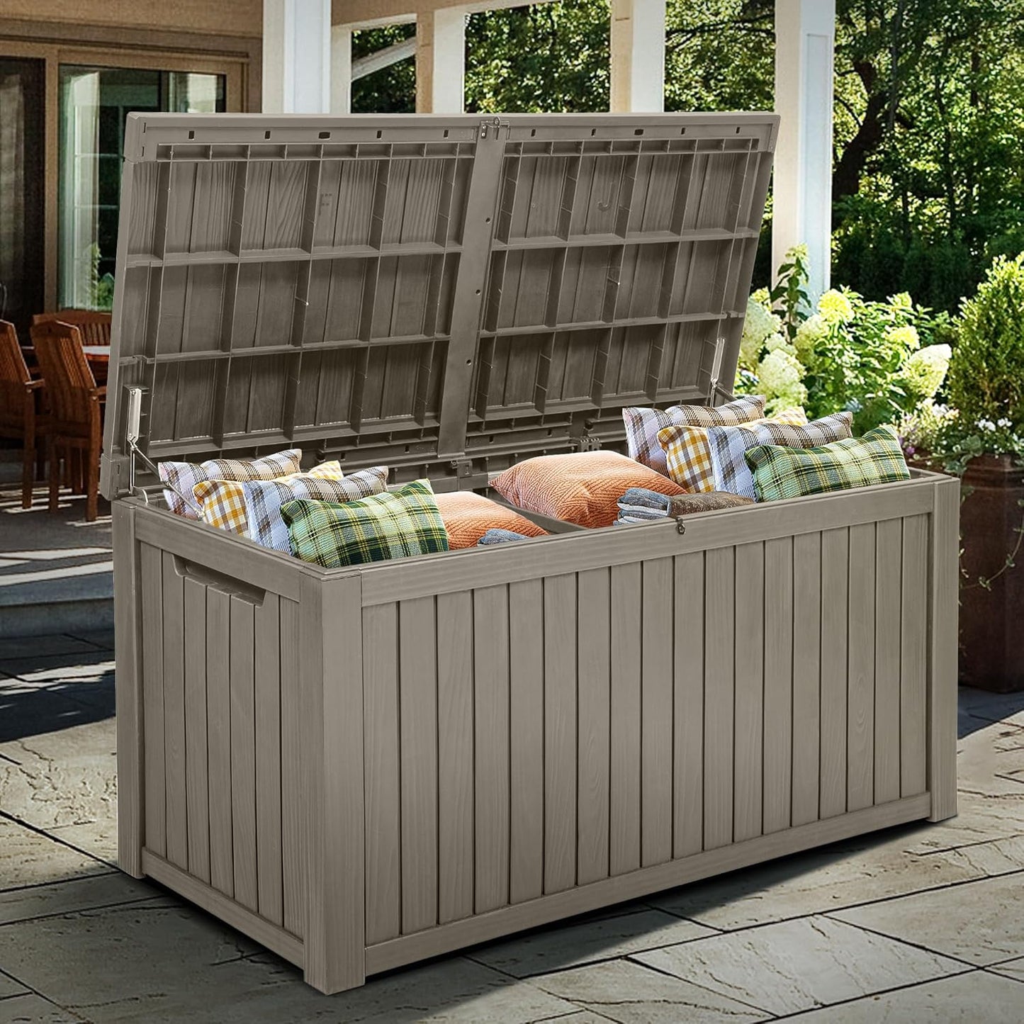YITAHOME 120 Gallon Large Outdoor Storage Box with X-Shaped Front, Waterproof Resin Deck Box Cushion Storage Bench for Patio, Pool Supplies, Garden Tools - Lockable, Black
