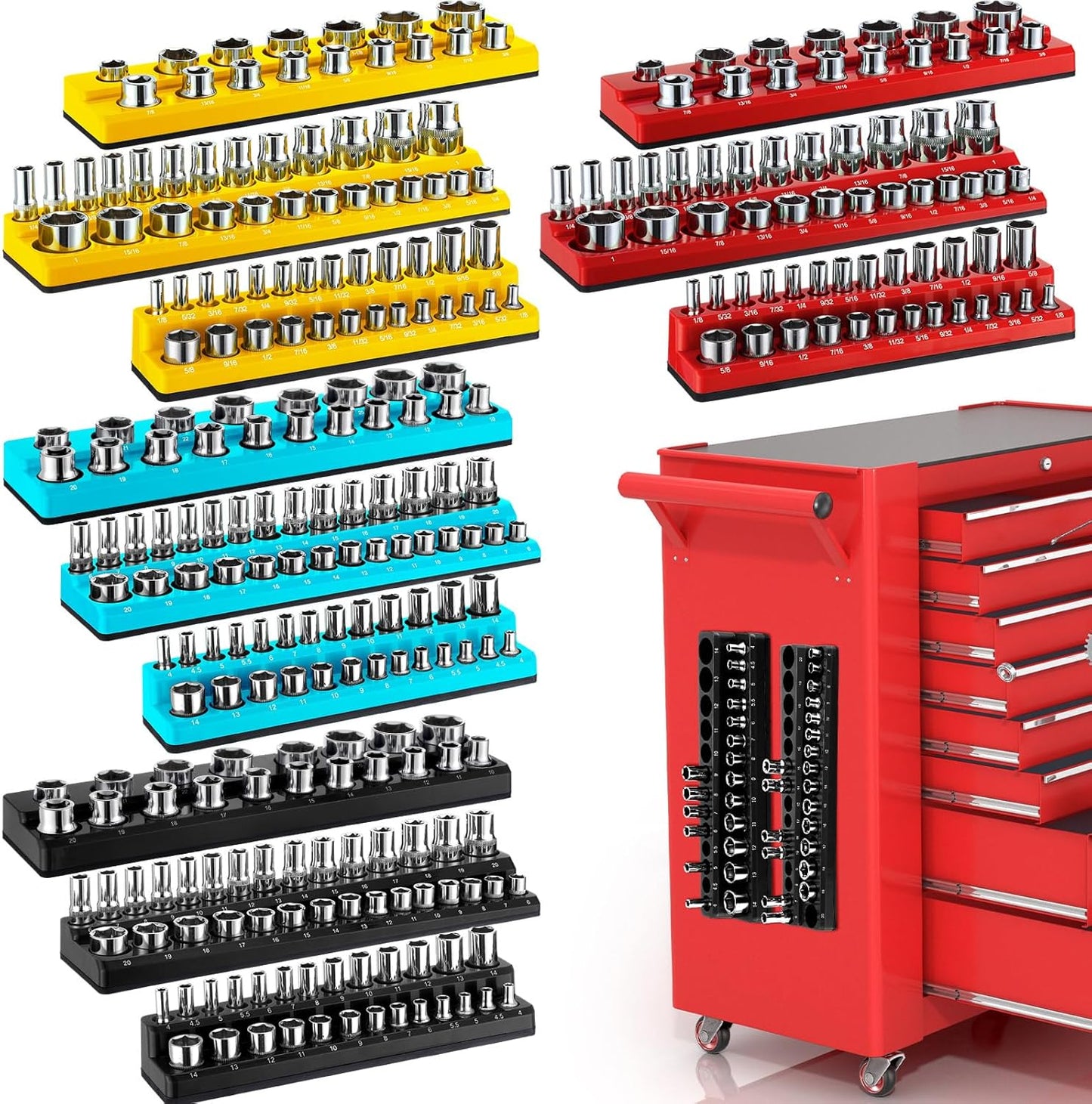12 Pcs Magnetic Socket Organizer Set Compatible with SAE and Metric Magnetic Holders 1/4'', 3/8'', 1/2'' Drive Socket Trays Hold 286 Standard and Deep Size, No Sockets(Colors A)