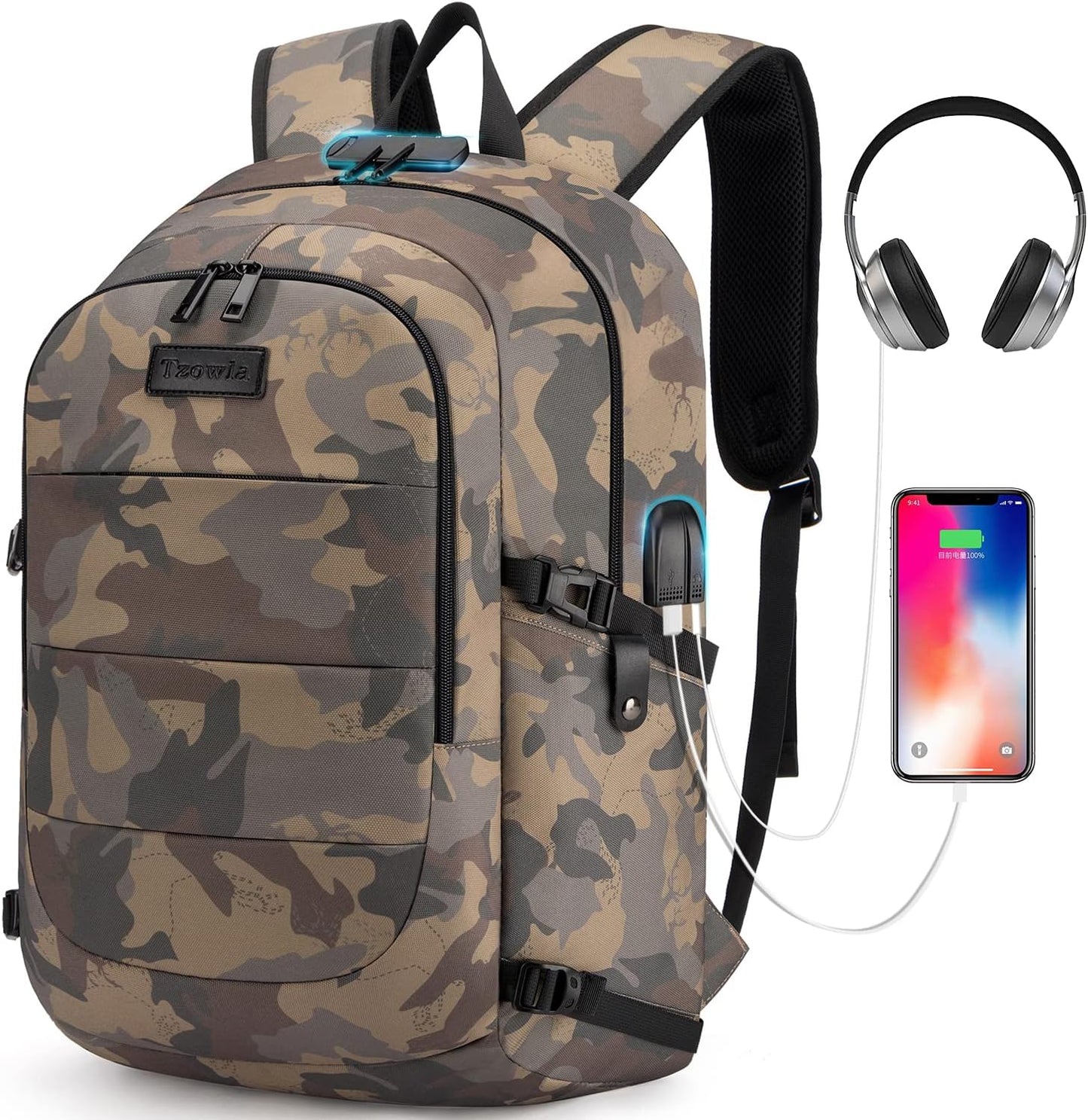 Tzowla Anti-Theft Water Resistant 17.3 Inch Laptop Backpack with USB Charging Port and Lock, Black