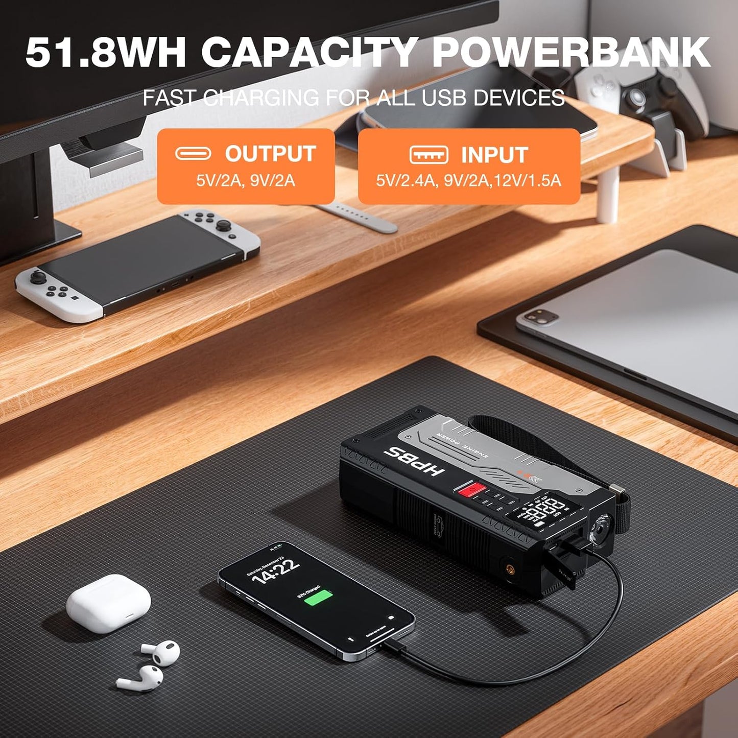 Car Jump Starter with Air Compressor, 5000A Portable Jump Starter Car Pack with 150PSI Tire Inflator for Up to 10.0L Gas and 8.0L Diesel Engines, 12V Jump Starter Box with LCD Display