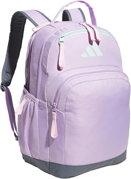 adidas Unisex Adaptive Backpack large size with features for independent dressing and ease of use, Powder Plum Purple/Semi Flash Aqua Blue/Clear Pink, One Size