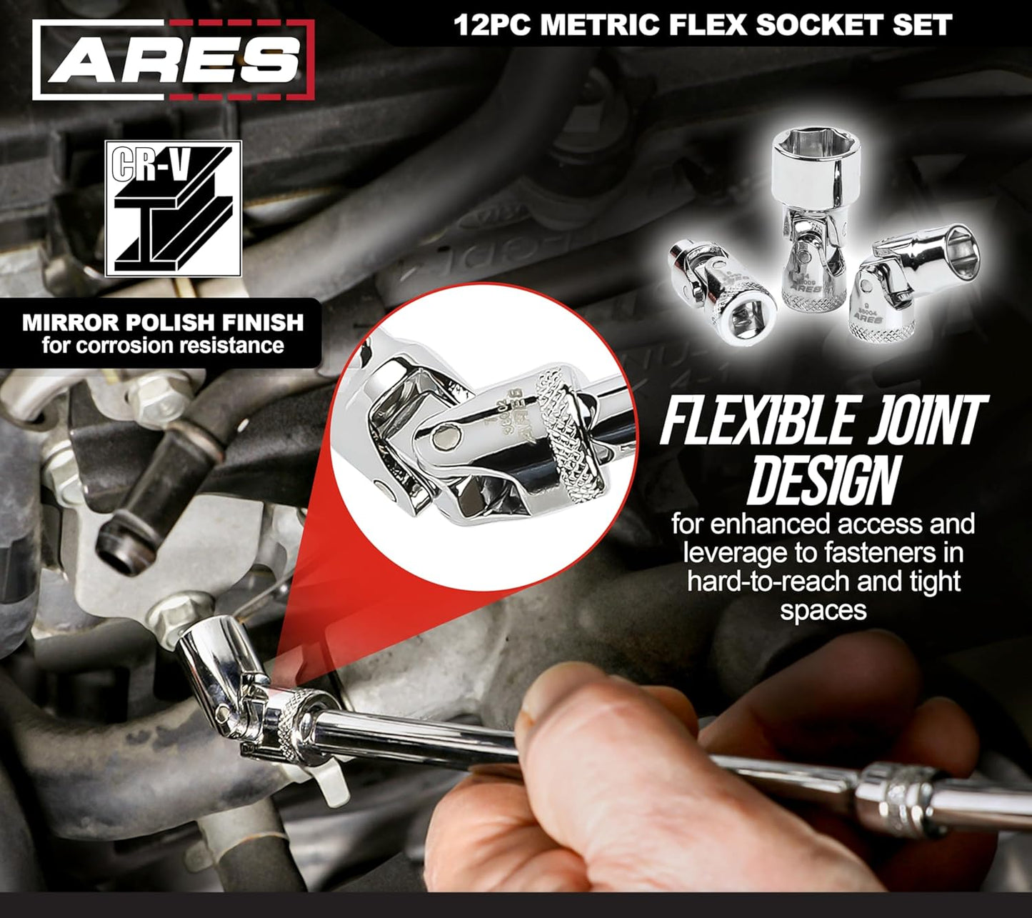 ARES 39009-12-Piece 1/4-Inch Drive Metric Flex Socket Set - 6 Point Sockets Constructed From Premium Heat Treated Chrome Vanadium Steel - Storage Rail Included