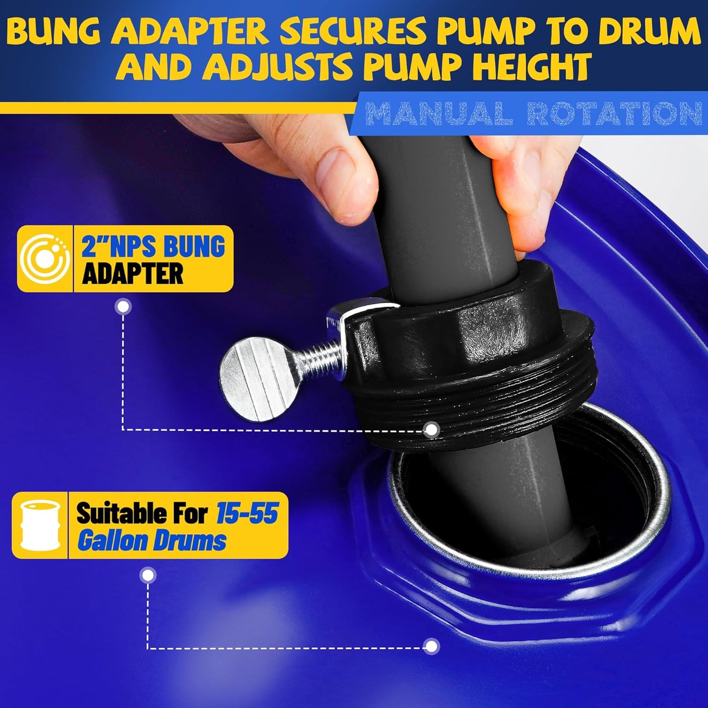 15-55 Gallon Drum Pump, 10 GPM Flow, Manual Rotary Barrel Pumps, Corrosion-Resistant Chemical Pump for Rapid Transfer of Water, Cleaners, Fuel, Corrosive Chemicals, and More