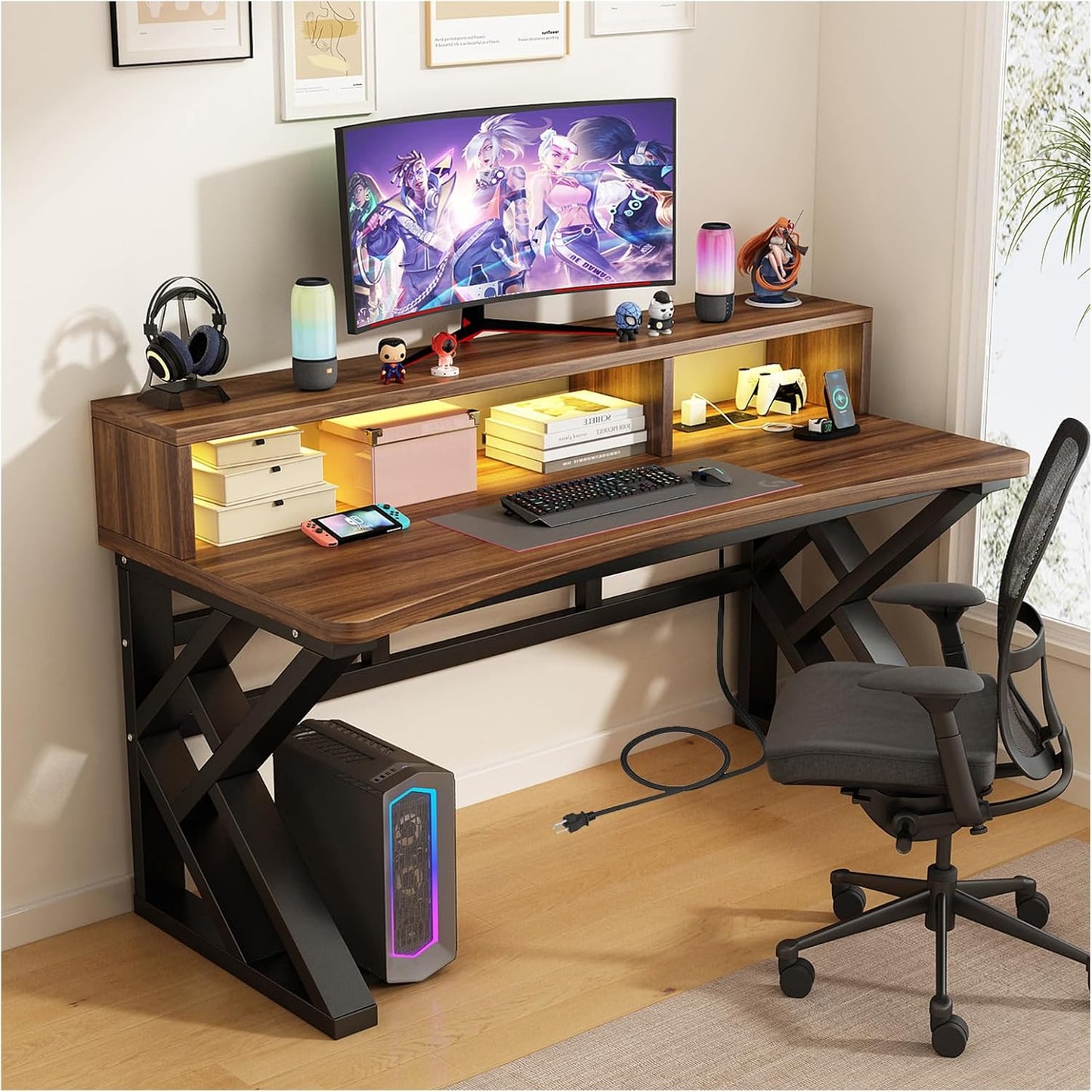 Writing Computer Desk 39.3 Inch, Gaming Desk with Desktop Monitor Stand, Ergonomic Home Office Desk Workstation, Modern Writing Study Desk with Built-in Power Strip (Walnut, 39.3")