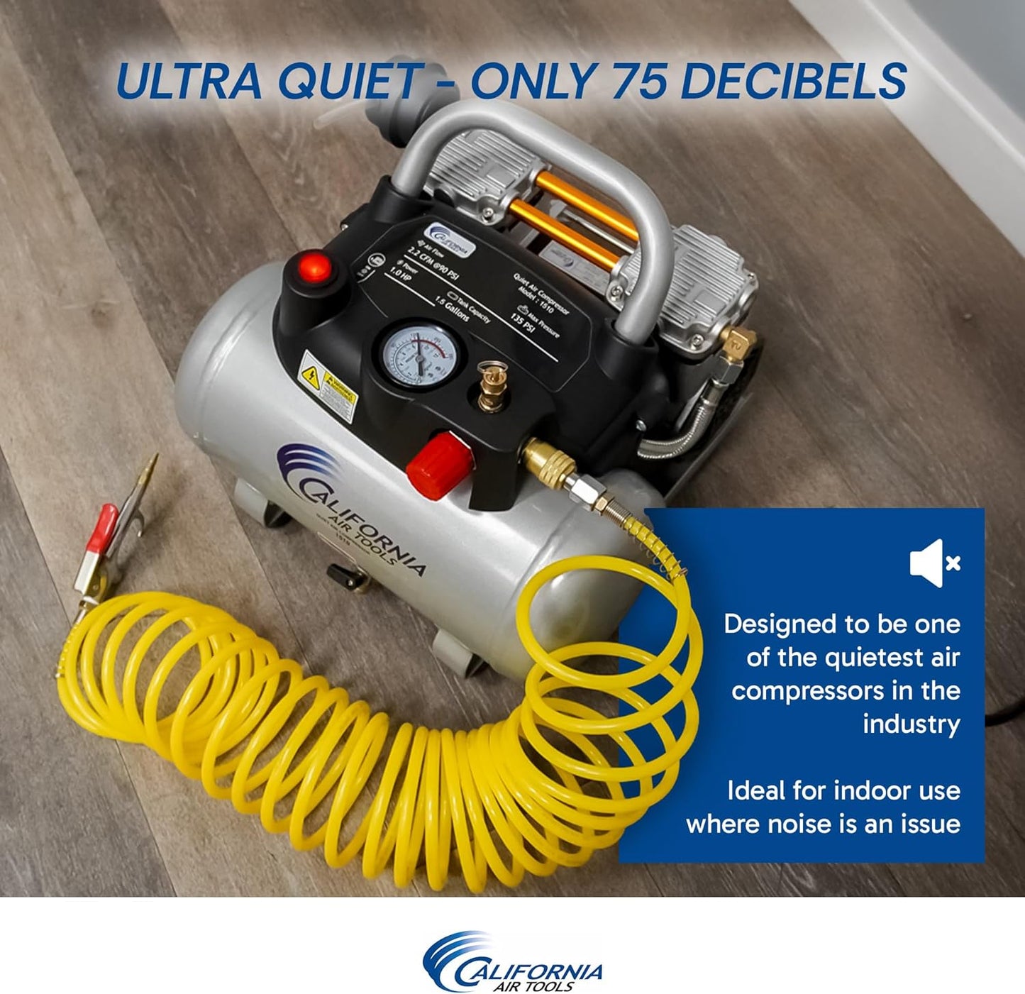 California Air Tools CAT-1510 1.0 HP Quiet, Oil-Free Air Compressor, 1.5 Gallon Tank Capacity, 75 dB Noise Level, Lightweight, Electric, Portable, for Home and Garage