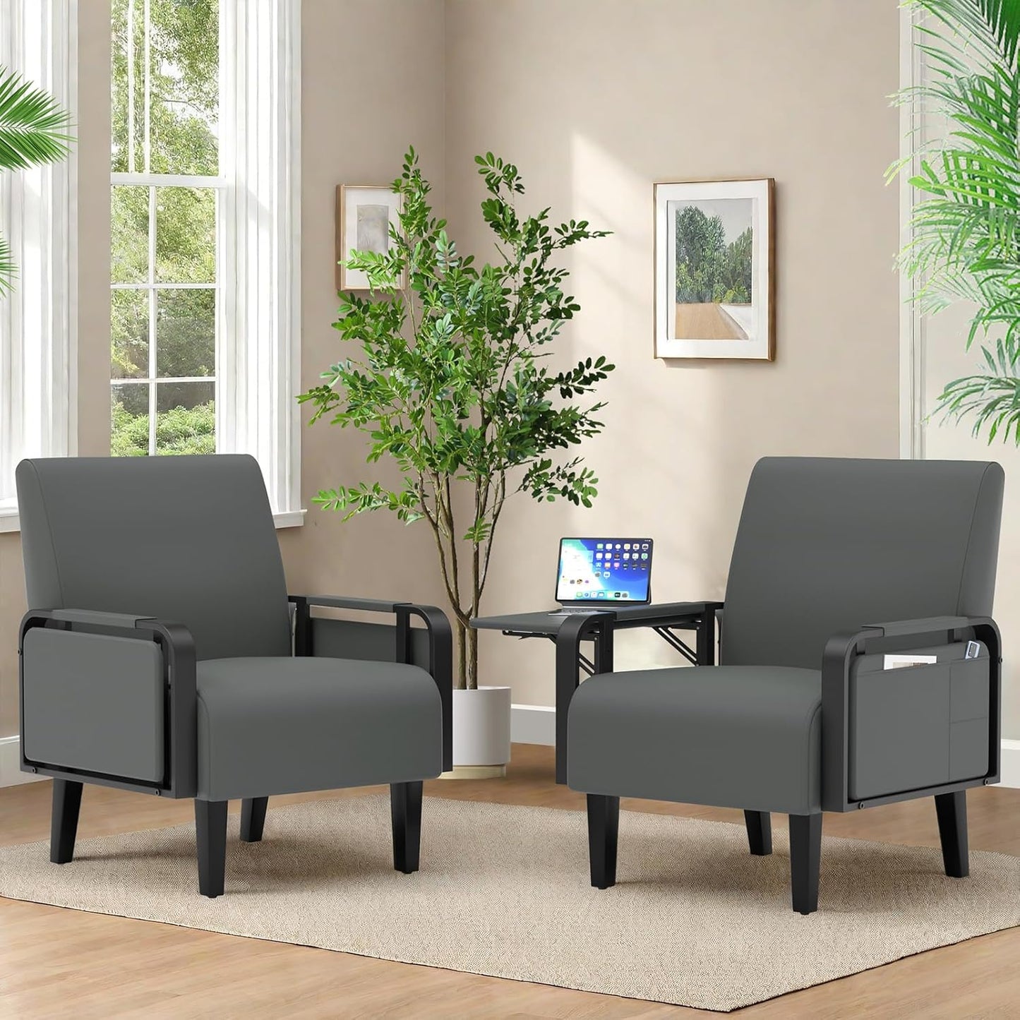 Upholstered Accent Chairs Set of 2, Faux Leather Armchair with Tray Table, Comfy Reading Chair for Living Room, Bedroom, Guest Room, Gray