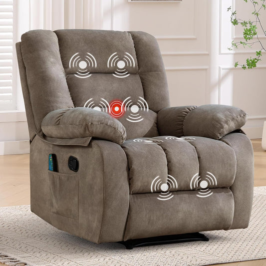 ANJHOME Overstuffed Massage Recliner Chairs with Heat and Vibration, Soft Fabric Single Manual Reclining Chair for Living Room Bedroom (Brown)