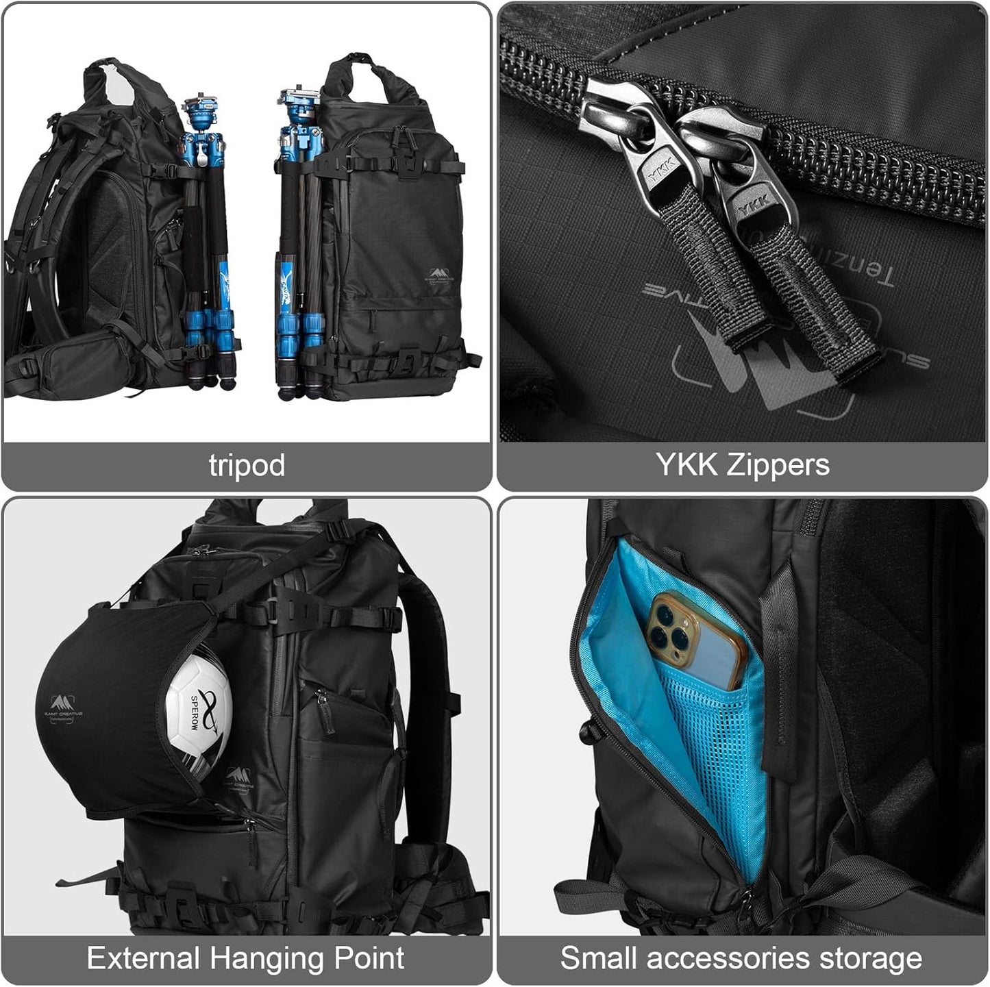 Tenzing 40 liter Water Resistant Camera Backpack 16 inch Laptop Compartment with Rain Cover Fits DSLR, SLR, Drone, Mirrorless Cameras, Batteries, Lenses,Tripod Black