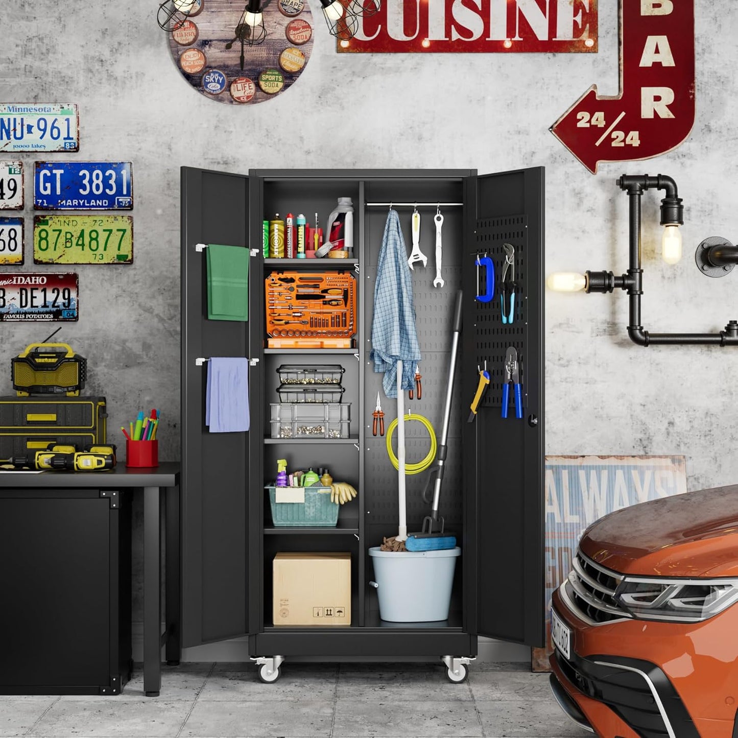 71" H Broom Storage Cabinet with Wheels and Doors,Rolling Tool Cabinet with Pegboard,Shelves and Rod for Garage Warehouse Home,Required Assembly,Black