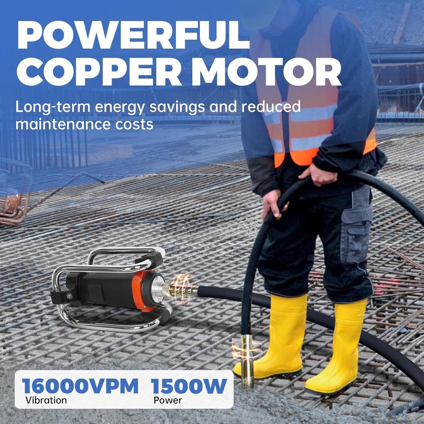 16,000 VPM Electric Concrete Vibrator, Concrete Vibrating Tool Equipped With 14.75FT Steel Vibrating Rod And Stainless Steel Roll Cage, Suitable For Removing Bubbles From Construction Cement