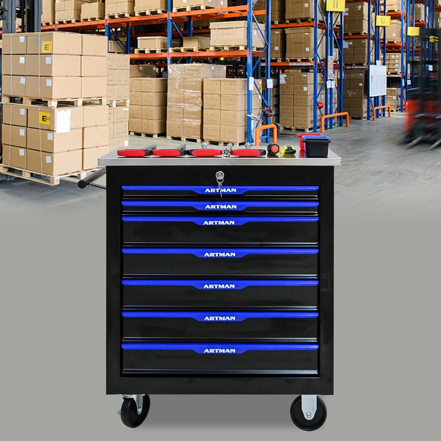 7-Drawer Heavy-Duty Rolling Steel Tool Cart with Handle&Wheels, Metal Storage Organizer Cabinet, Tool Chest for Efficient Tool Storage in Garage, Warehouse, Workshop, Repair Shop, Blue
