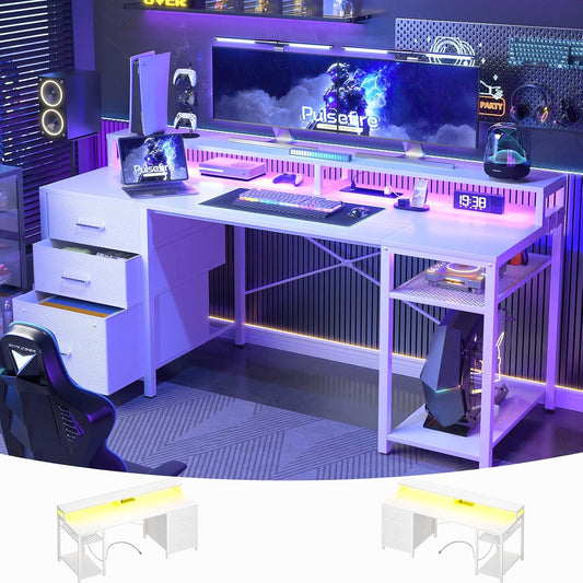 Aheaplus Gaming Desk with LED Lights and Power Outlets, 59 inch Computer Desk with Fabric File Drawers, Home Office Desk with Monitor Stand and Storage Shelves, White
