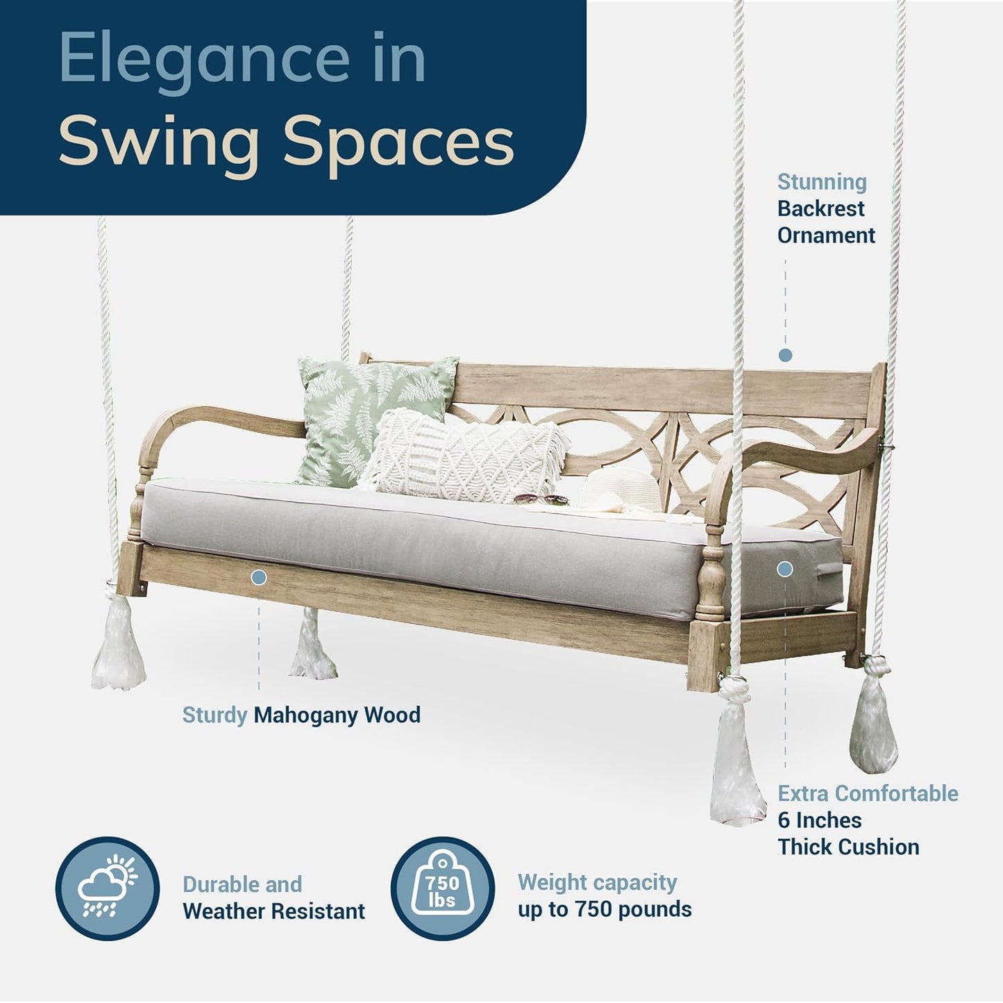 Cambridge Casual Renley Mahogany Porch Swing Bed with Oyster Cushion – Outdoor Hanging Swing Daybed for Patio, Backyard, or Garden – Durable Solid Wood, Weather-Resistant