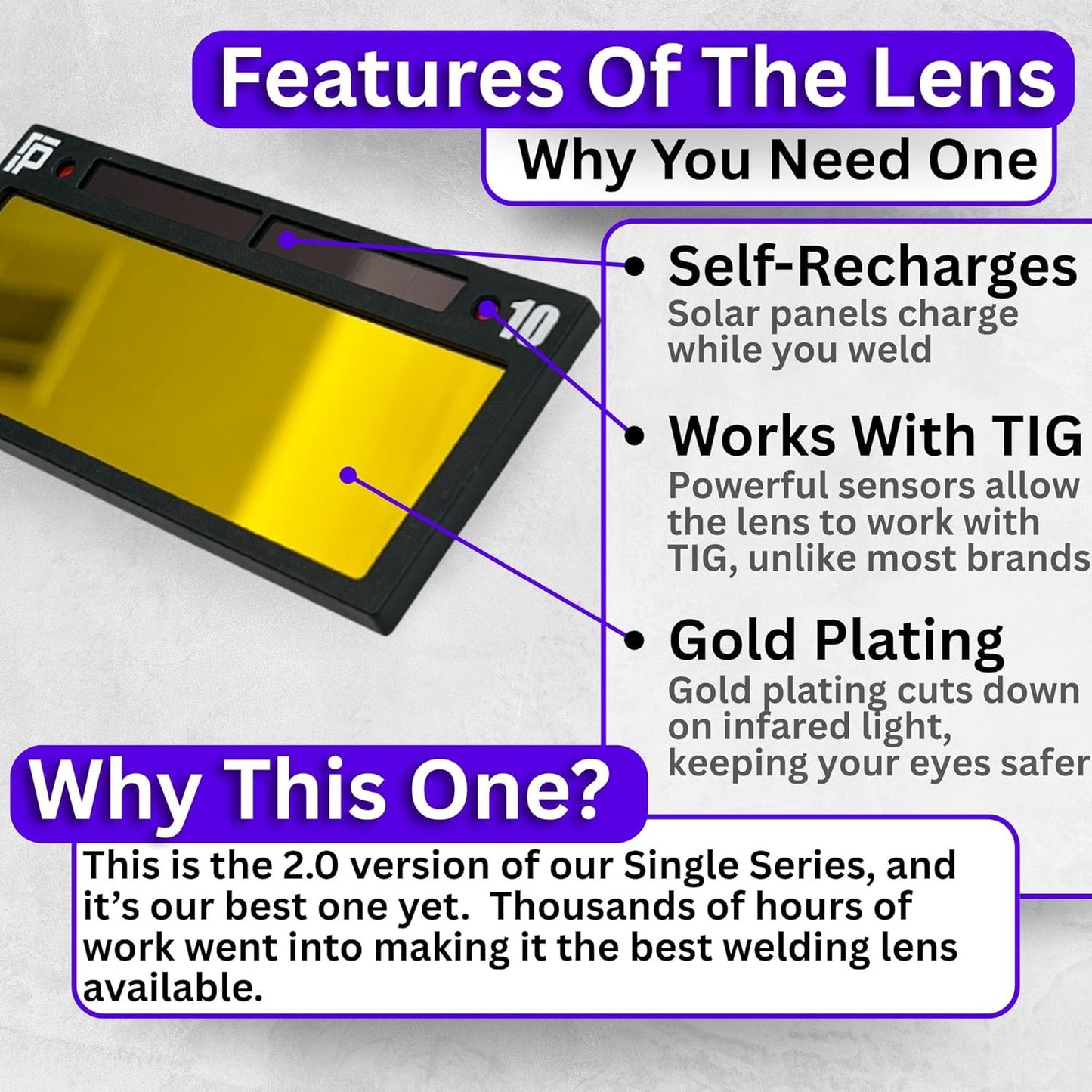 The King Single 2.0 | Shade 10 Gold Auto Darkening Welding Lens | 20A TIG Rating - No Flashing | 2" X 4.25" X 0.2" | Extremely Clear Gold Welding Lens - Blue Puddle | Ridge Products Royal Series 2.0