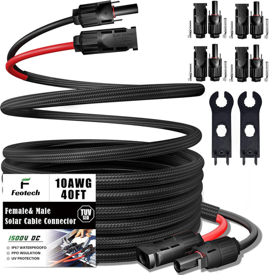 Twin Wire 40 Feet Solar Extension Cable 10AWG with -IP67- Female and Male Connector, Bonus Four Pairs of Free Connector Solar Panel Adapter kit Tools (6 Pairs connectors)
