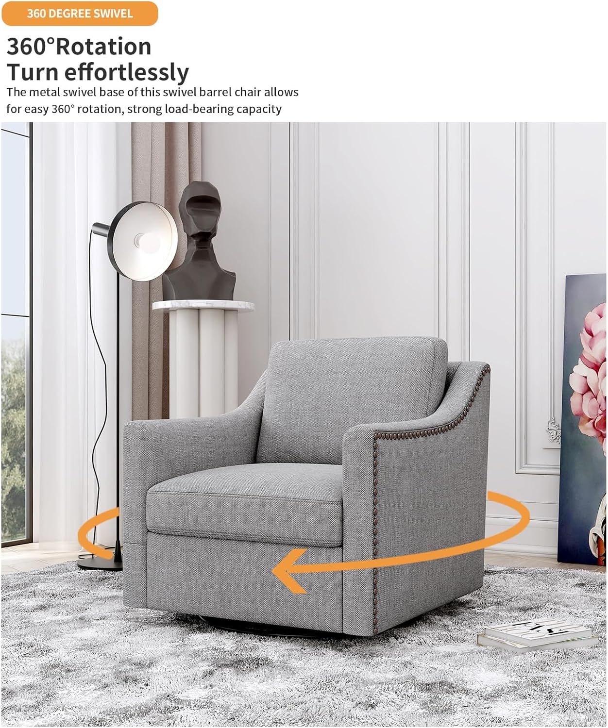 360 Degree Swivel Armchair Cotton Linen Fabric Ergonomic Design Brass Nail Decorative Armchair Living Room Chairs Bedroom Chairs (Gray)
