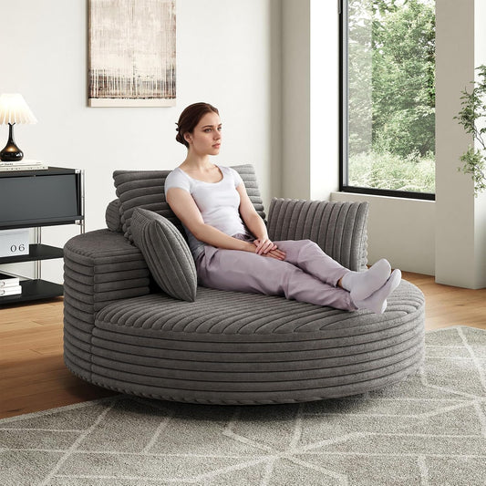55 inch 360° Swivel Accent Chair, Chaise Lounge Chair Indoor Oversized Round Swivel Accent Chair Modern Corduroy Single Sofa Chair Deep Seat Chair for Living Room Bedroom Apartment, Grey