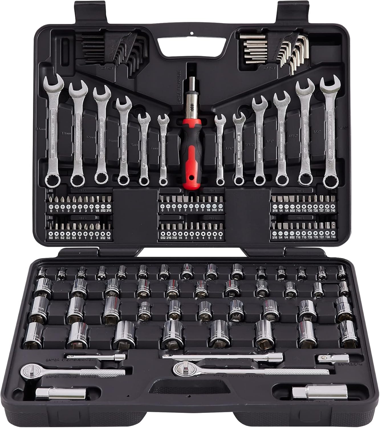 161Piece Mechanic Tool Set, 1/2", 3/8" &1/4" Drive Metric & Standard Socket Wrench Kit for Home, Car, Mechanics, Automotive Repair and as A Gift